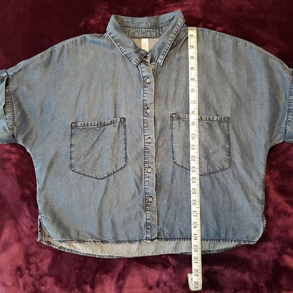 Cute Soft Blue Button Up Short Sleeve Collar Shirt Denim Top Spring DD77 Casual - Picture 11 of 14